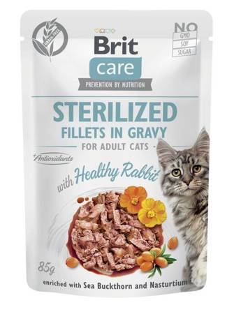 BRIT CARE Cat Sterilized Fillets in Gravy with Rabbit Enriched with Sea Buckthorn and Nasturtium 12x85g