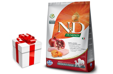 Farmina N&D Pumpkin Grain Free canine CHICKEN AND POMEGRANATE ADULT MEDIUM & MAXI 12kg + prekvapenie pre vášho psa ZDARMA
