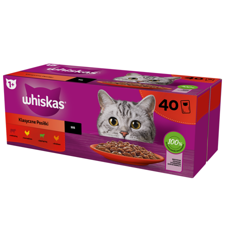 WHISKAS Adult sáčky 40 x 85 g Classic Meals - vlhké krmivo pre dospelé mačky, v omáčke (porciované: hovädzie, kuracie, jahňacie, hydina)